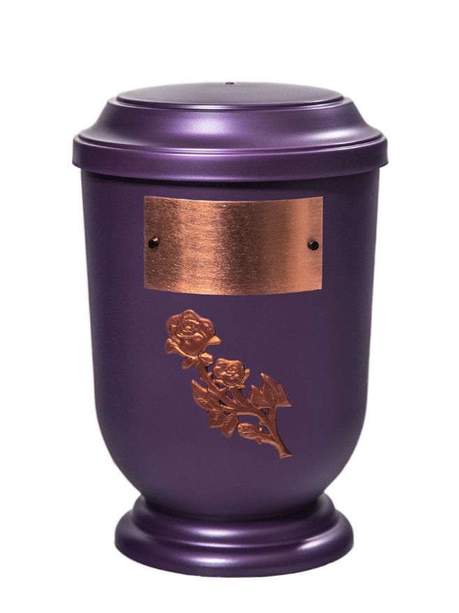 Pohřební Plastová urna na popel, oválné prohlé víčko, fialová, štítek č. 53, 100 x 50, růže