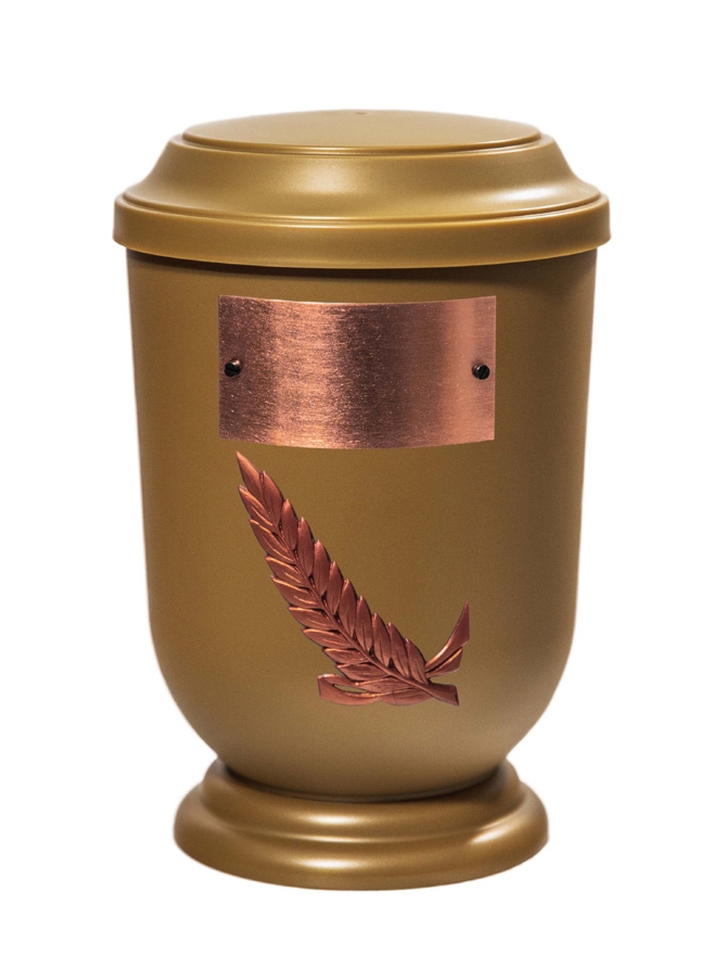 Pohřební Plastová urna na popel, oválné prohlé víčko, zlatá, štítek č. 53, 100 x 50, snítka