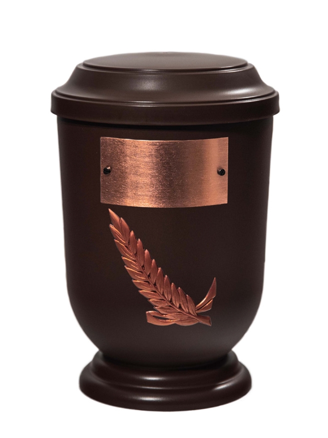 Pohřební Plastová urna na popel, oválné prohlé víčko, hnědá, štítek č. 53, 100 x 50, snítka