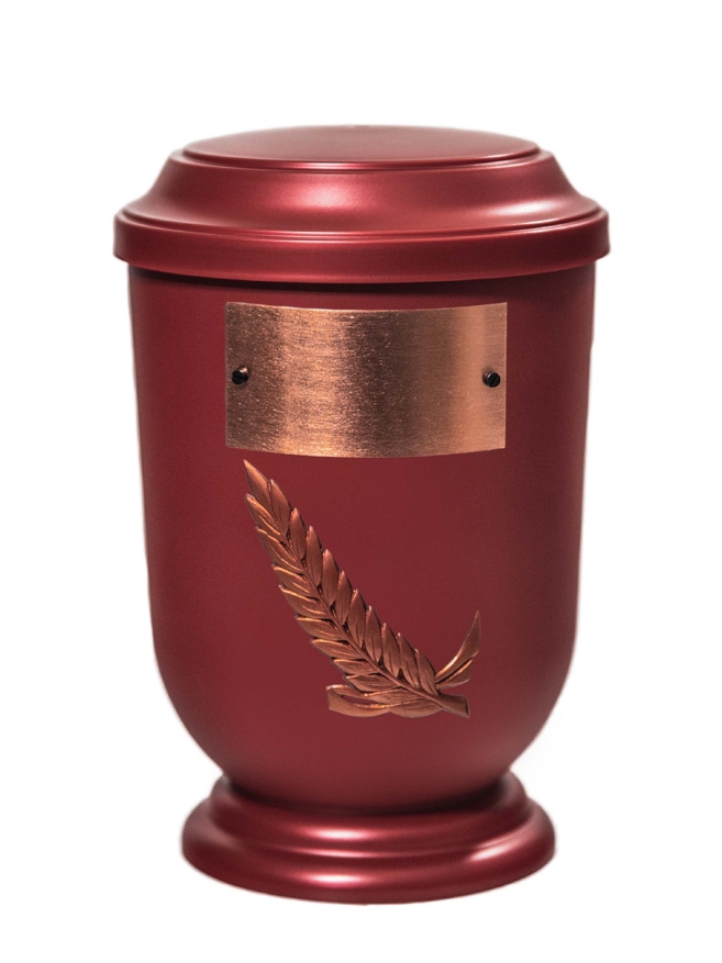 Pohřební Plastová urna na popel, oválné prohlé víčko, červená, štítek č. 53, 100 x 50, snítka