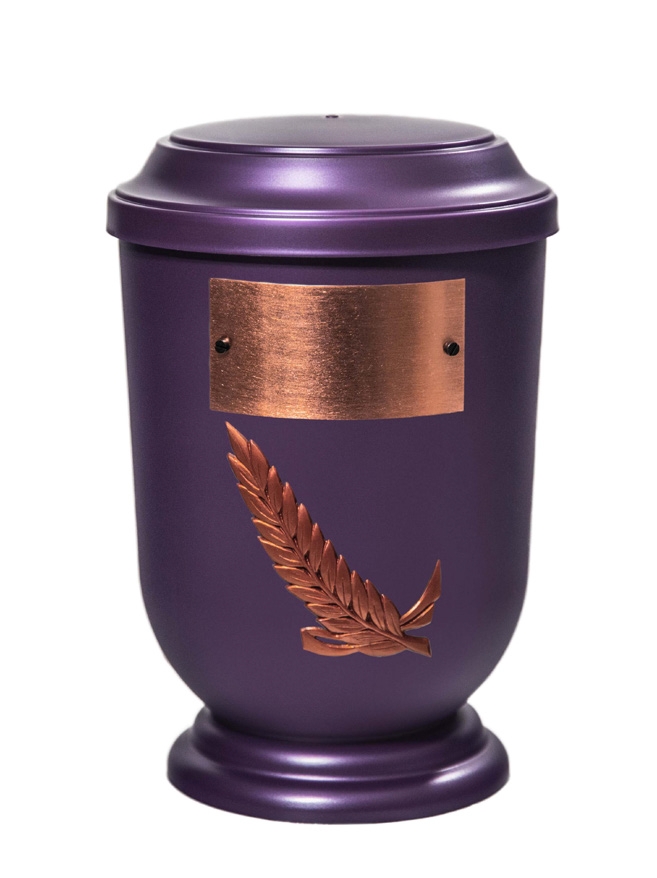 Pohřební Plastová urna na popel, oválné prohlé víčko, fialová, štítek č. 53, 100 x 50, snítka