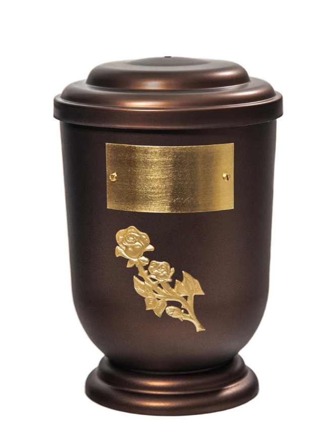 Pohřební Plastová urna na popel, oválné oblé víčko, staroměď, štítek č. 50, 100 x 50, růže