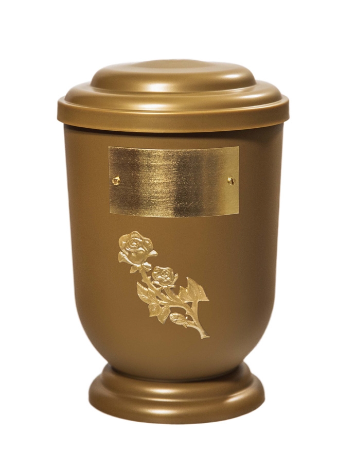 Pohřební Plastová urna na popel, oválné oblé víčko, zlatá, štítek č. 50, 100 x 50, růže