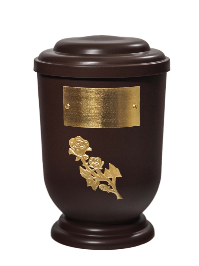 Pohřební Plastová urna na popel, oválné oblé víčko, hnědá, štítek č. 50, 100 x 50, růže