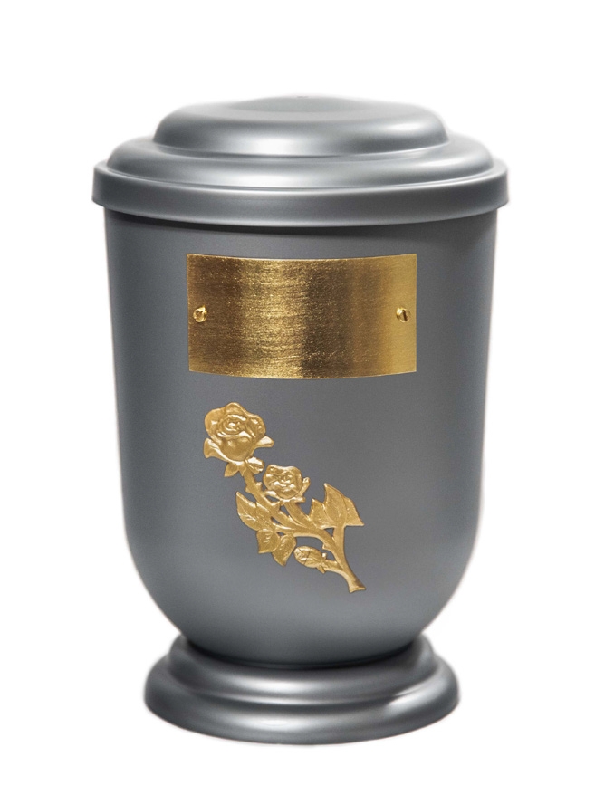Pohřební Plastová urna na popel, oválné oblé víčko, stříbrná, štítek č. 50, 100 x 50, růže