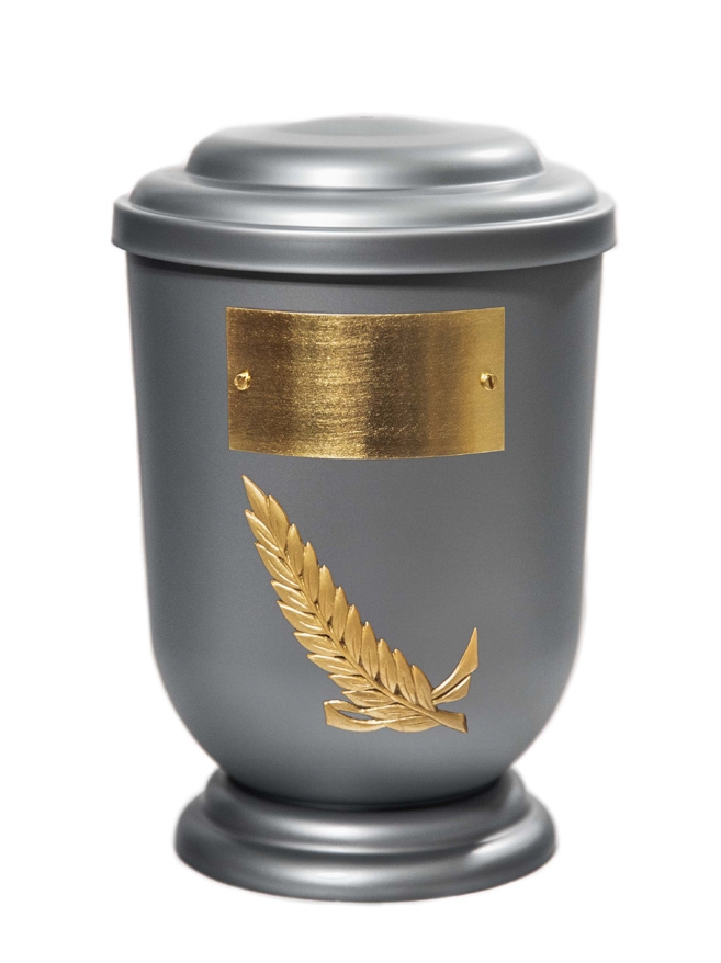 Pohřební Plastová urna na popel, oválné oblé víčko, stříbrná, štítek č. 50, 100 x 50, snítka