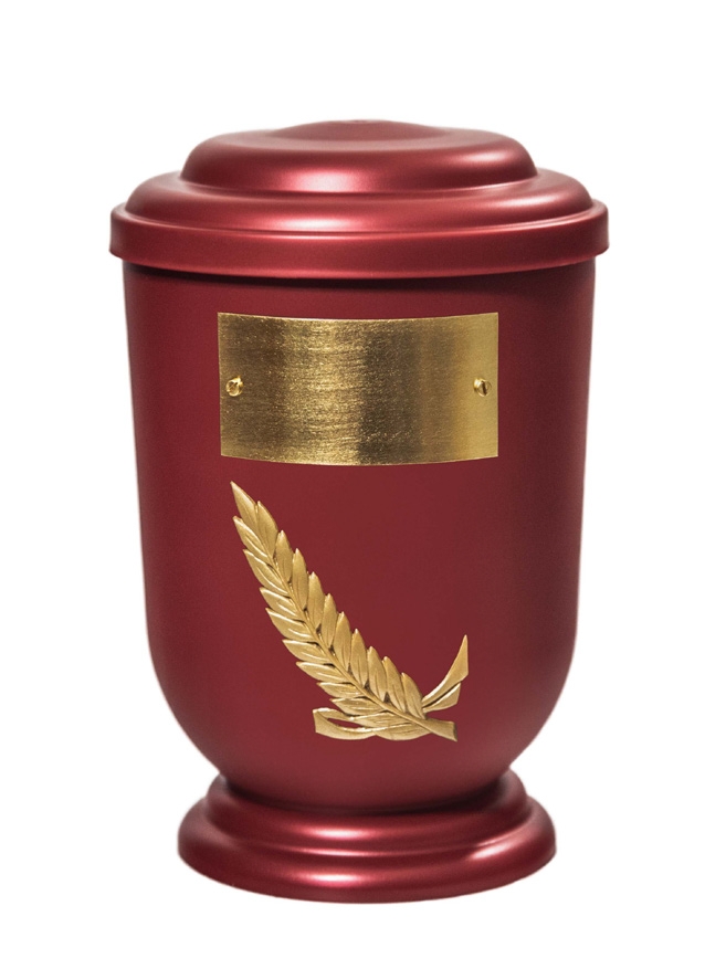 Pohřební Plastová urna na popel, oválné oblé víčko, červená, štítek č. 50, 100 x 50, snítka