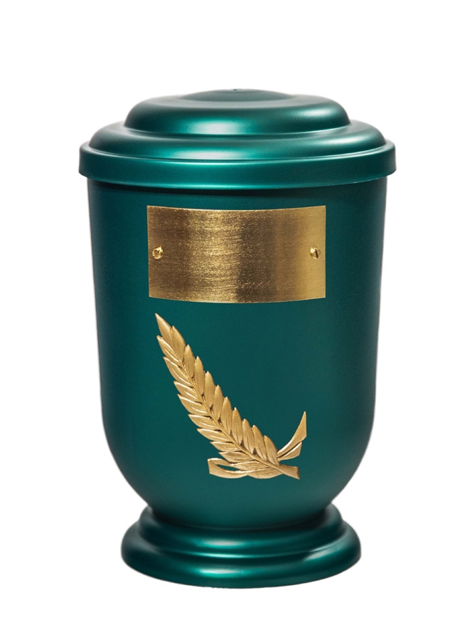 Pohřební Plastová urna na popel, oválné oblé víčko, zelená, štítek č. 50, 100 x 50, snítka