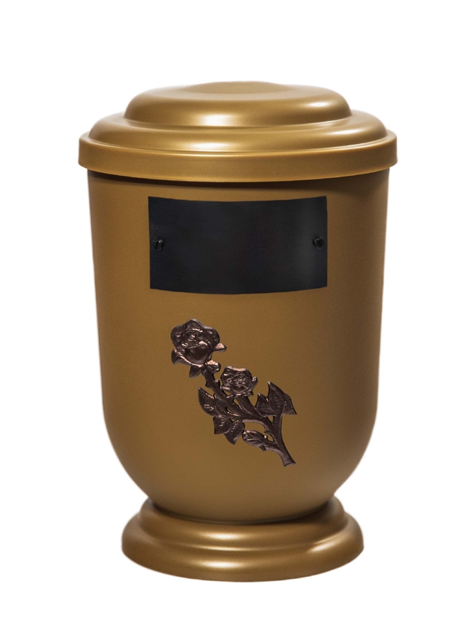 Pohřební Plastová urna na popel, oválné oblé víčko, zlatá, štítek č. 51, 100 x 50, růže