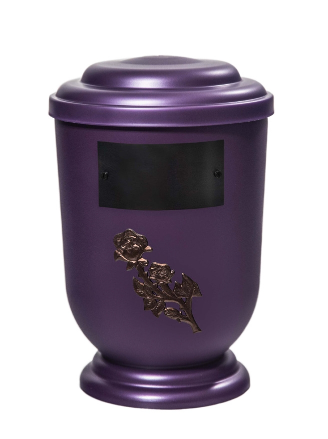Pohřební Plastová urna na popel, oválné oblé víčko, fialová, štítek č. 51, 100 x 50, růže