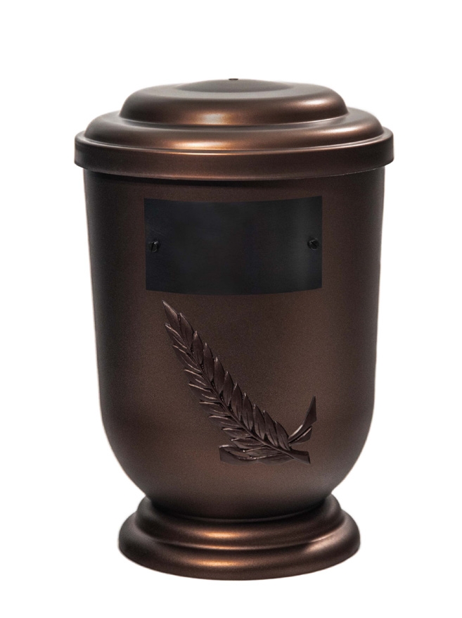Pohřební Plastová urna na popel, oválné oblé víčko, staroměď, štítek č. 51, 100 x 50, snítka