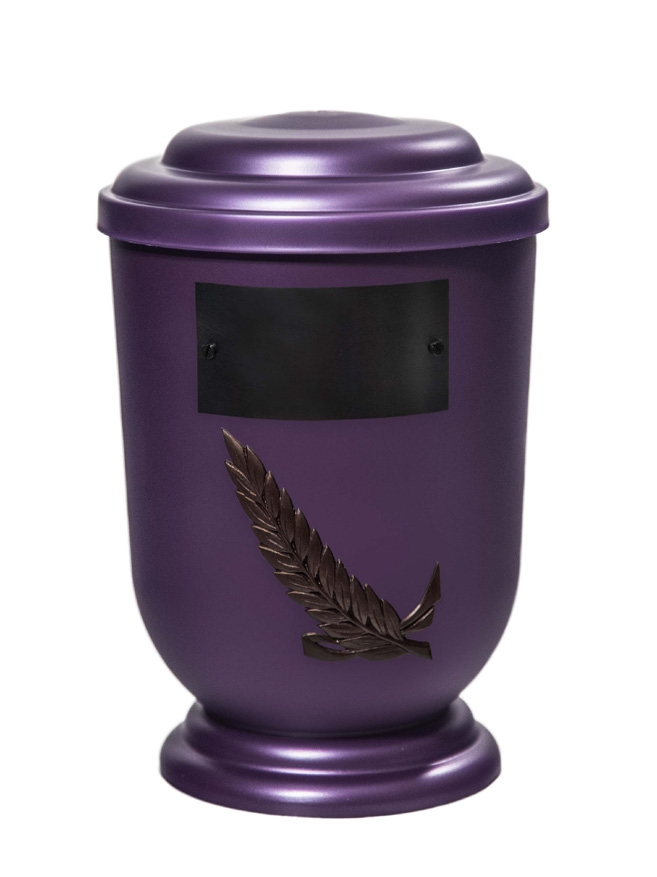 Pohřební Plastová urna na popel, oválné oblé víčko, fialová, štítek č. 51, 100 x 50, snítka
