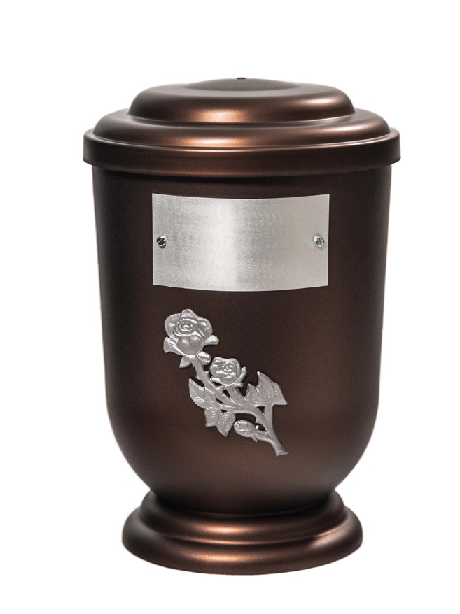 Pohřební Plastová urna na popel, oválné prohlé víčko, staroměď, štítek č. 52, 100 x 50, růže
