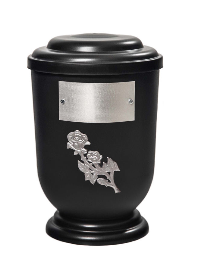 Pohřební Plastová urna na popel, oválné oblé víčko, černá, štítek č. 52, 100 x 50, růže
