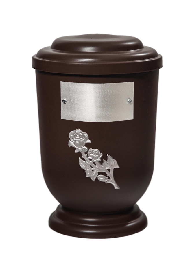 Pohřební Plastová urna na popel, oválné oblé víčko, hnědá, štítek č. 52, 100 x 50, růže