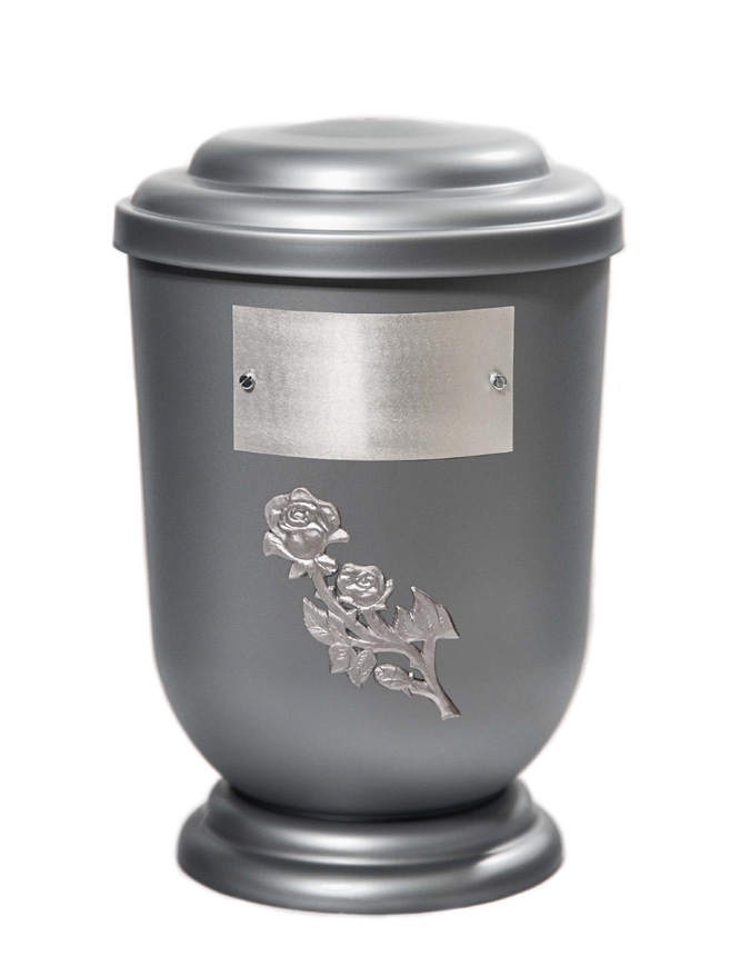 Pohřební Plastová urna na popel, oválné oblé víčko, stříbrná, štítek č. 52, 100 x 50, růže