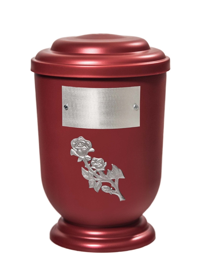 Pohřební Plastová urna na popel, oválné oblé víčko, červená, štítek č. 52, 100 x 50, růže
