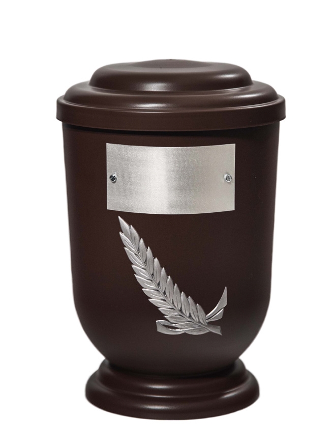 Pohřební Plastová urna na popel, oválné oblé víčko, hnědá, štítek č. 52, 100 x 50, snítka
