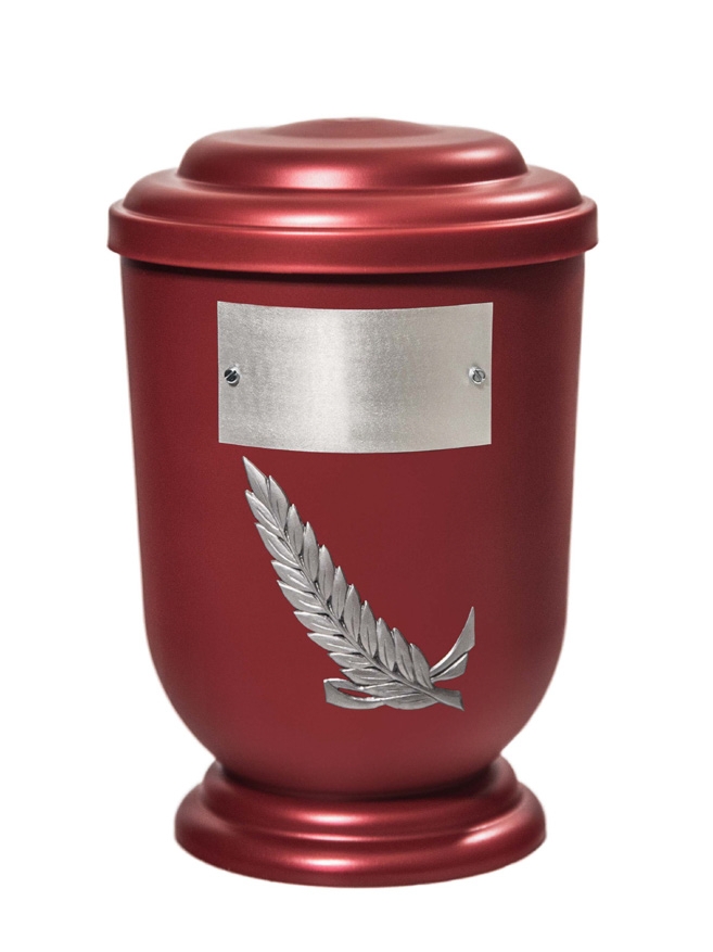 Pohřební Plastová urna na popel, oválné oblé víčko, červená, štítek č. 52, 100 x 50, snítka