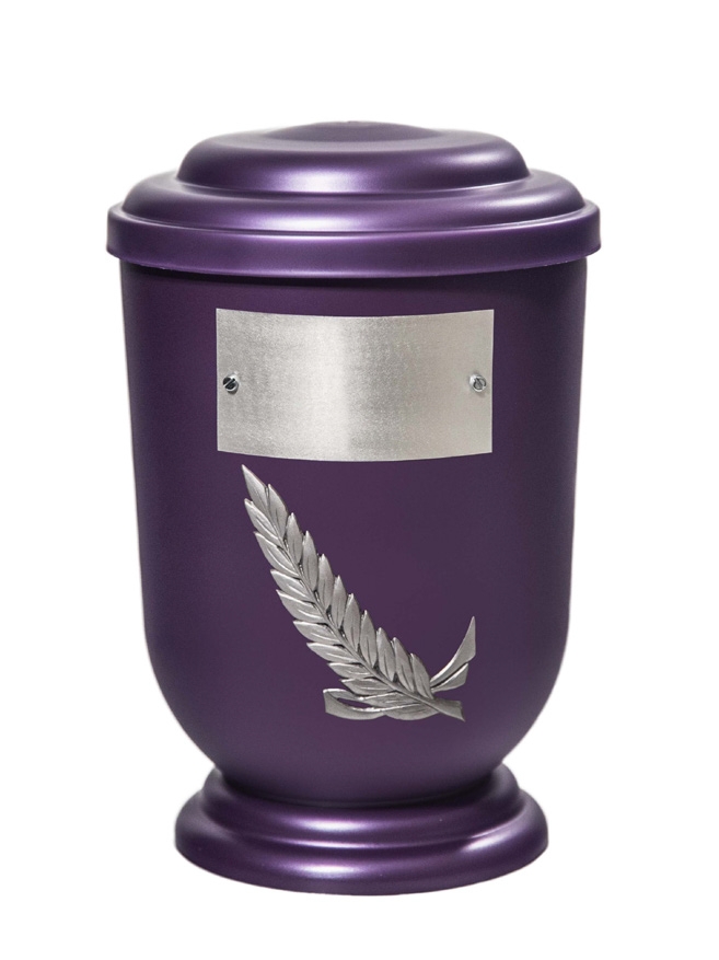 Pohřební Plastová urna na popel, oválné oblé víčko, fialová, štítek č. 52, 100 x 50, snítka