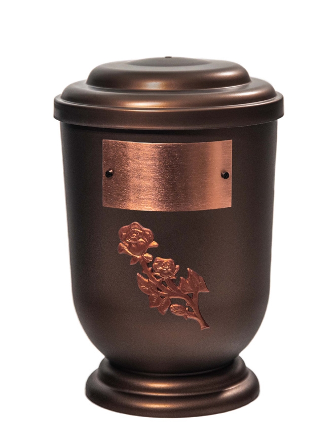 Pohřební Plastová urna na popel, oválné oblé víčko, staroměď, štítek č. 53, 100 x 50, růže