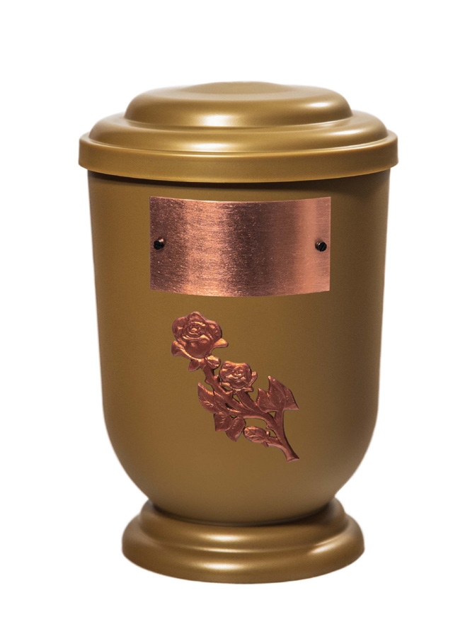 Pohřební Plastová urna na popel, oválné oblé víčko, zlatá, štítek č. 53, 100 x 50, růže
