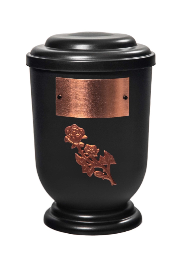 Pohřební Plastová urna na popel, oválné oblé víčko, černá, štítek č. 53, 100 x 50, růže
