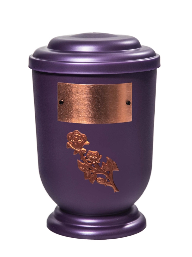 Pohřební Plastová urna na popel, oválné oblé víčko, fialová, štítek č. 53, 100 x 50, růže