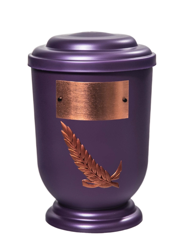 Pohřební Plastová urna na popel, oválné oblé víčko, fialová, štítek č. 53, 100 x 50, snítka