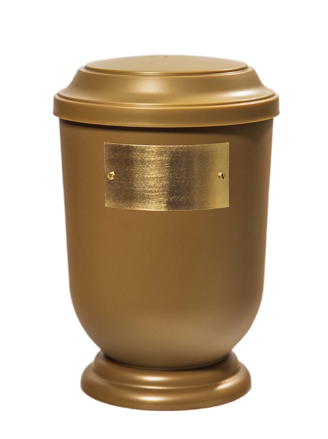 Pohřební Plastová urna na popel, oválné prohlé víčko, zlatá, štítek č. 50, 100 x 50, bez výzdoby