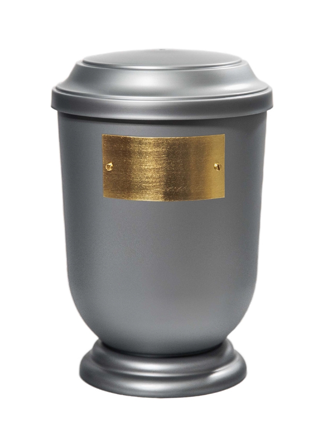 Pohřební Plastová urna na popel, oválné prohlé víčko, stříbrná, štítek č. 50, 100 x 50, bez výzdoby