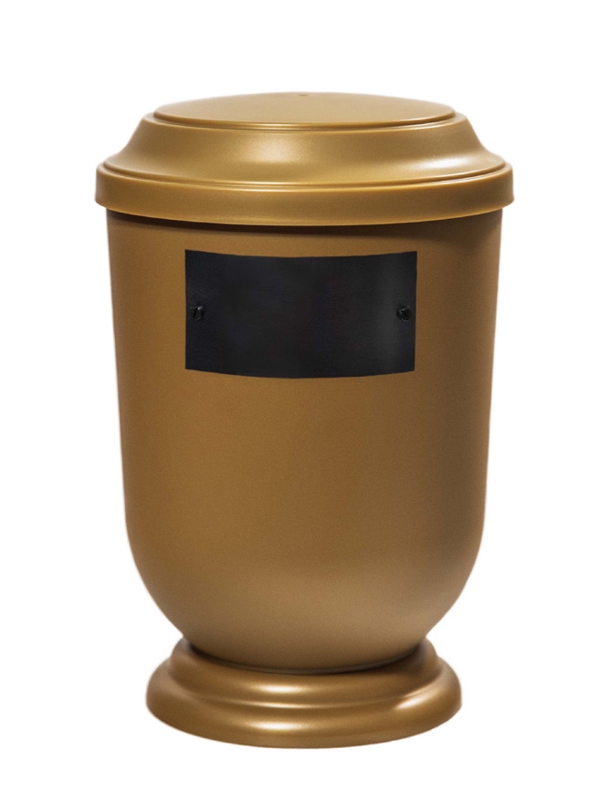 Pohřební Plastová urna na popel, oválné prohlé víčko, zlatá, štítek č. 51, 100 x 50, bez výzdoby
