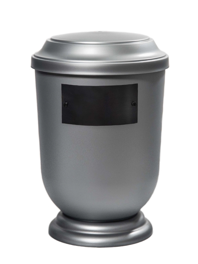 Pohřební Plastová urna na popel, oválné prohlé víčko, stříbrná, štítek č. 51, 100 x 50, bez výzdoby