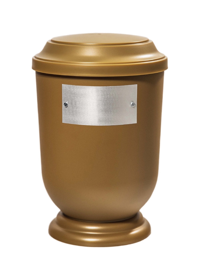Pohřební Plastová urna na popel, oválné prohlé víčko, zlatá, štítek č. 52, 100 x 50, bez výzdoby