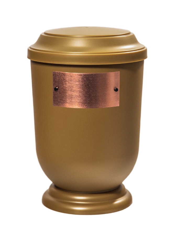 Pohřební Plastová urna na popel, oválné prohlé víčko, zlatá, štítek č. 53, 100 x 50, bez výzdoby