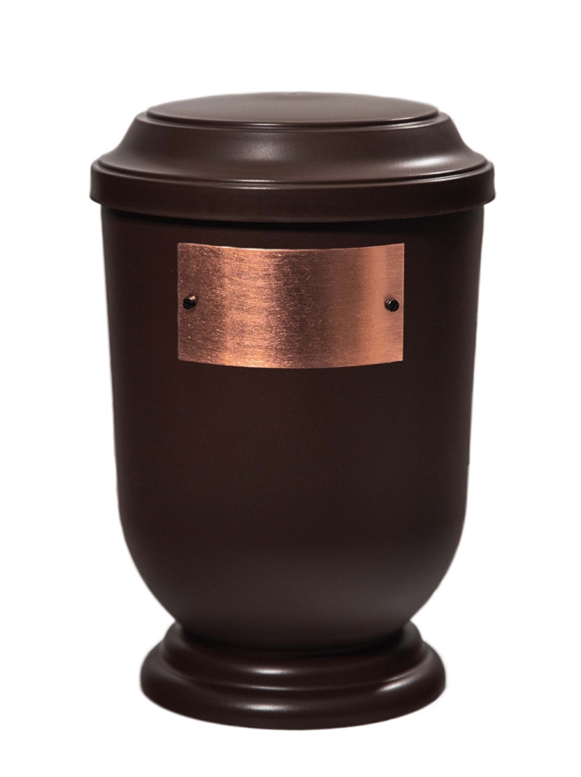 Pohřební Plastová urna na popel, oválné prohlé víčko, hnědá, štítek č. 53, 100 x 50, bez výzdoby
