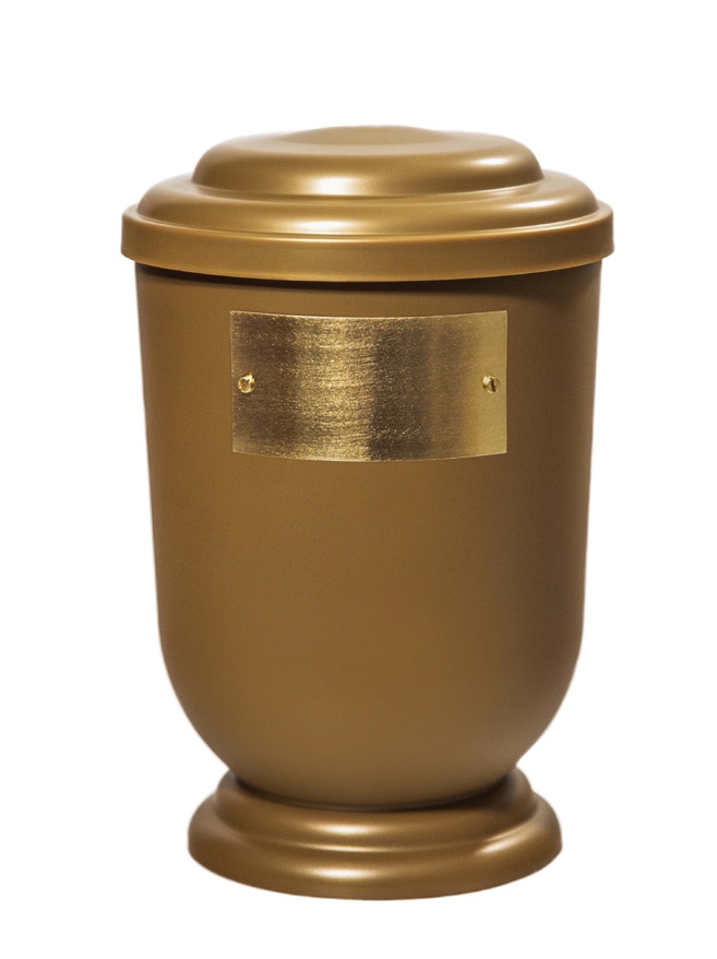 Pohřební Plastová urna na popel, oválné oblé víčko, zlatá, štítek č. 50, 100 x 50, bez výzdoby