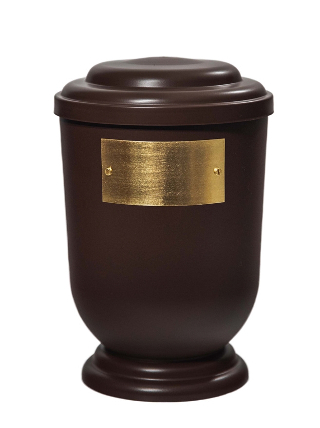 Pohřební Plastová urna na popel, oválné oblé víčko, hnědá, štítek č. 50, 100 x 50, bez výzdoby