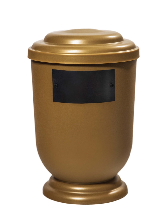 Pohřební Plastová urna na popel, oválné oblé víčko, zlatá, štítek č. 51, 100 x 50, bez výzdoby