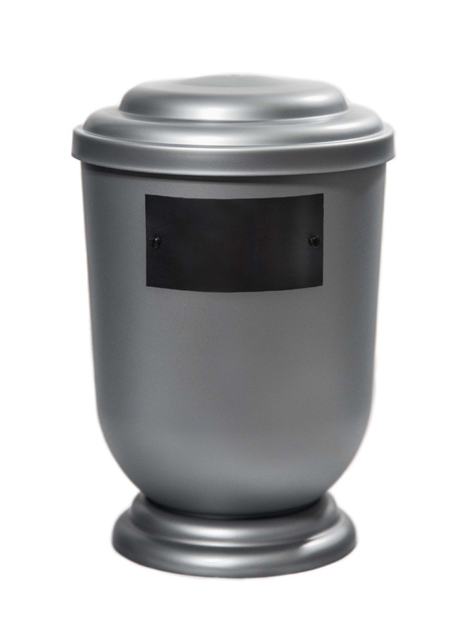 Pohřební Plastová urna na popel, oválné oblé víčko, stříbrná, štítek č. 51, 100 x 50, bez výzdoby