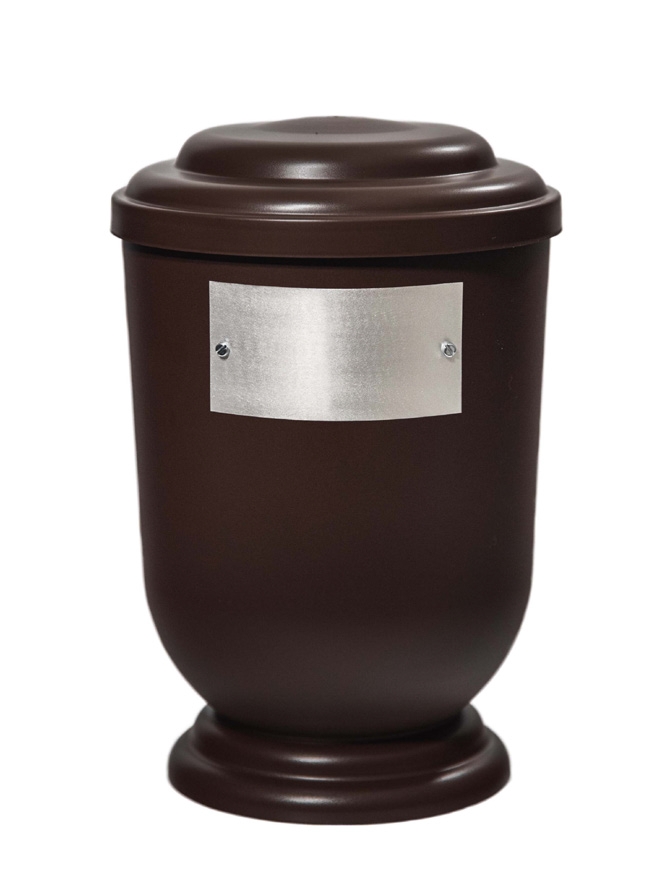 Pohřební Plastová urna na popel, oválné oblé víčko, hnědá, štítek č. 52, 100 x 50, bez výzdoby
