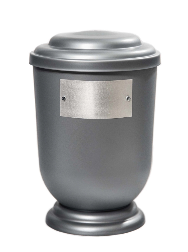Pohřební Plastová urna na popel, oválné oblé víčko, stříbrná, štítek č. 52, 100 x 50, bez výzdoby