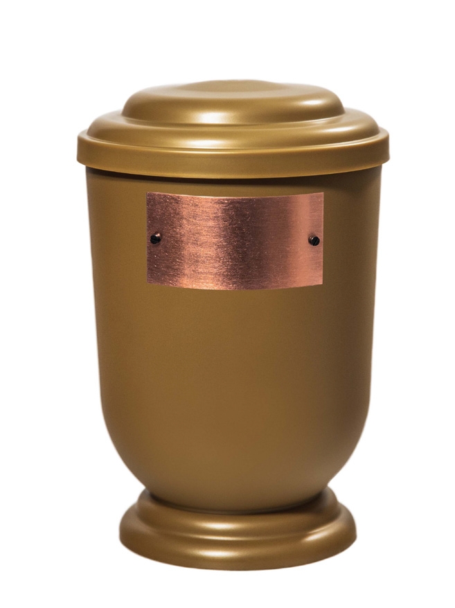 Pohřební Plastová urna na popel, oválné oblé víčko, zlatá, štítek č. 53, 100 x 50, bez výzdoby