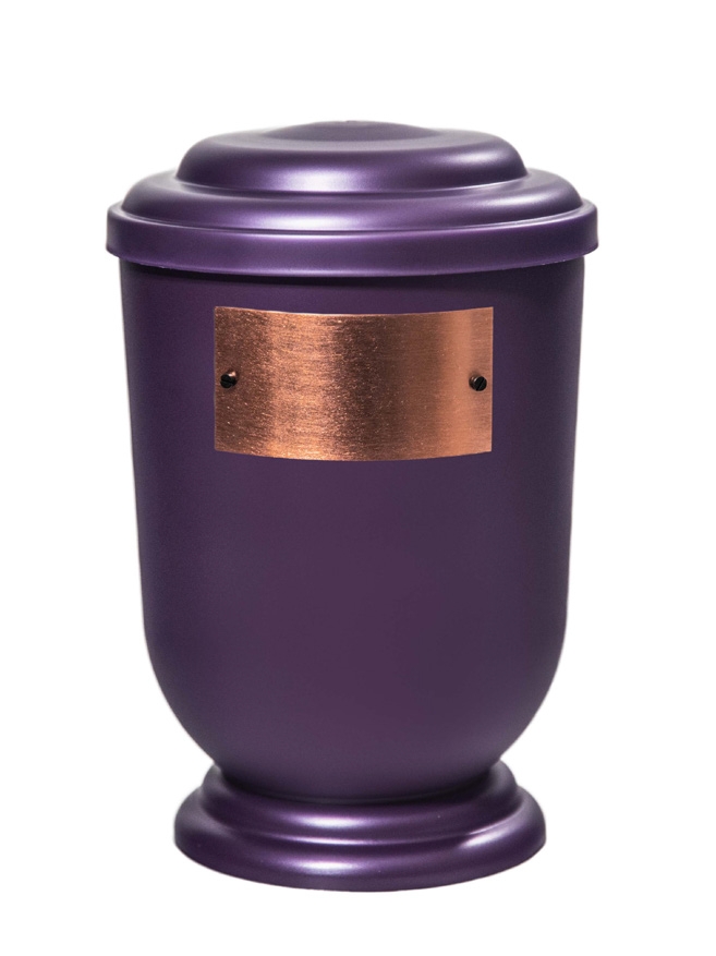 Pohřební Plastová urna na popel, oválné oblé víčko, fialová, štítek č. 53, 100 x 50, bez výzdoby