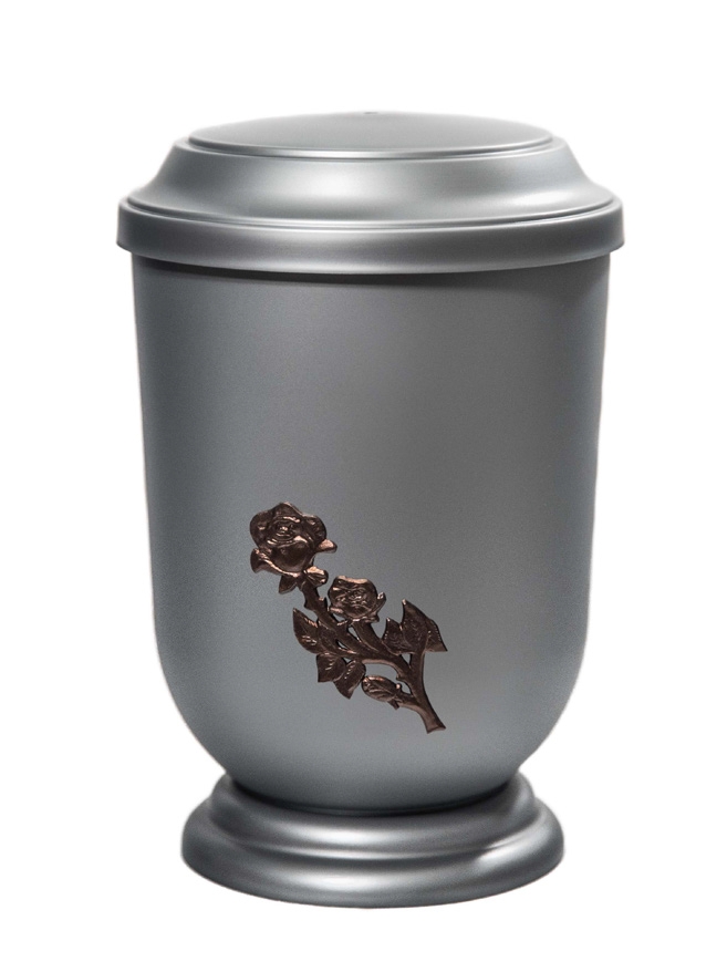 Pohřební Plastová urna na popel, oválné prohlé víčko, stříbrná, bez štítku, růže