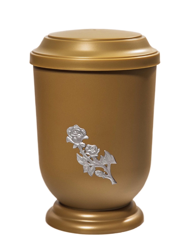 Pohřební Plastová urna na popel, oválné prohlé víčko, zlatá, bez štítku, růže