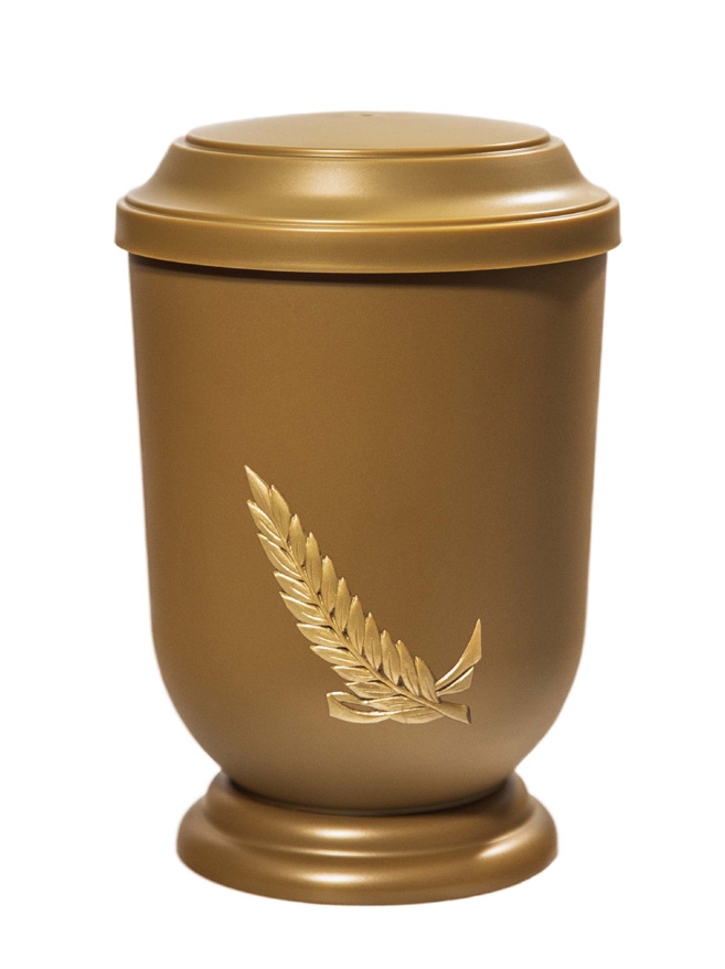 Pohřební Plastová urna na popel, oválné prohlé víčko, zlatá, bez štítku, snítka