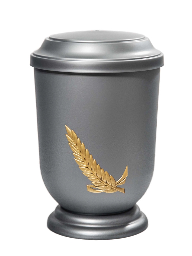 Pohřební Plastová urna na popel, oválné prohlé víčko, stříbrná, bez štítku, snítka
