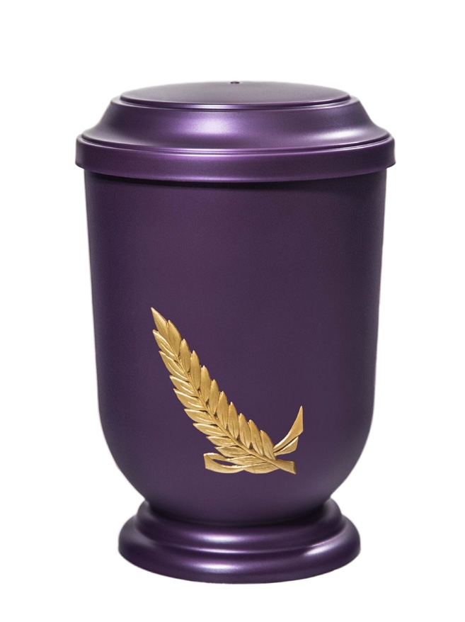 Pohřební Plastová urna na popel, oválné prohlé víčko, fialová, bez štítku, snítka