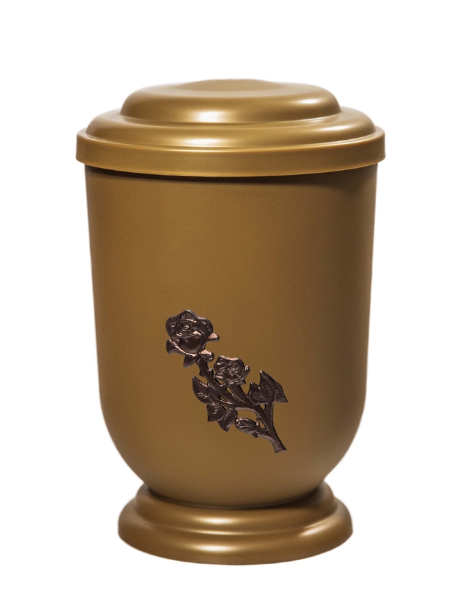 Pohřební Plastová urna na popel, oválné oblé víčko, zlatá, bez štítku, růže